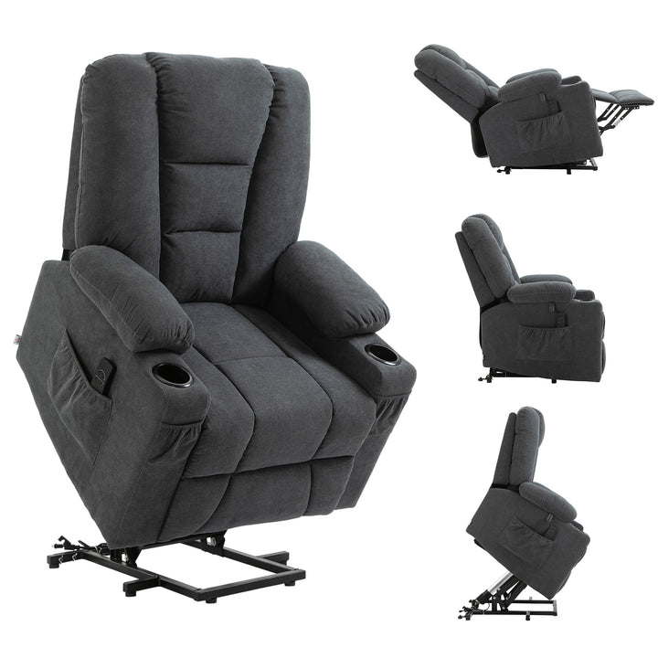 Oversized Riser and Recliner Chairs for the Elderly, Fabric Upholstered Lift for Living Room with Remote Control Side Pockets Cup Holder Grey