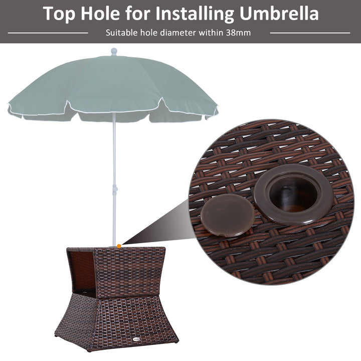 Outdoor Patio Rattan Wicker Coffee Table Bistro Side Table w/ Umbrella Hole and Storage Space, Brown