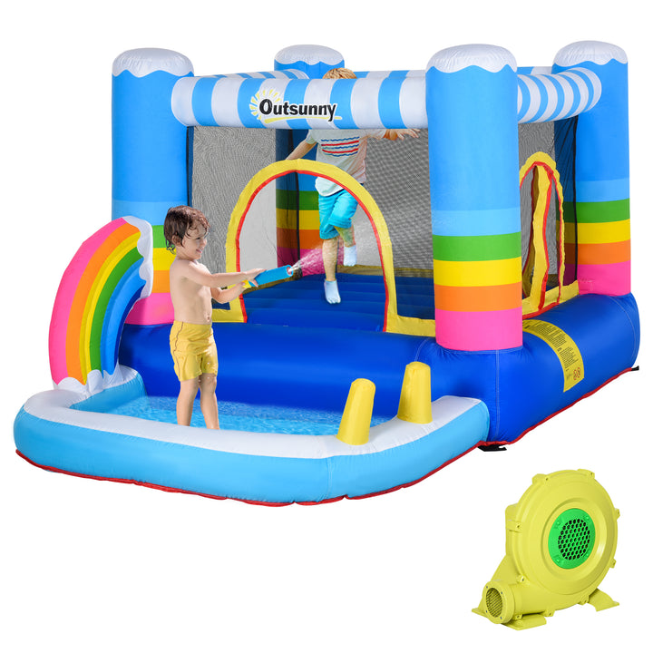 Kids Bouncy Castle House Inflatable Trampoline Water Pool 2 in 1 with Blower for Kids Age 3-12 Rainbow Design 2.9 x 2 x 1.55m