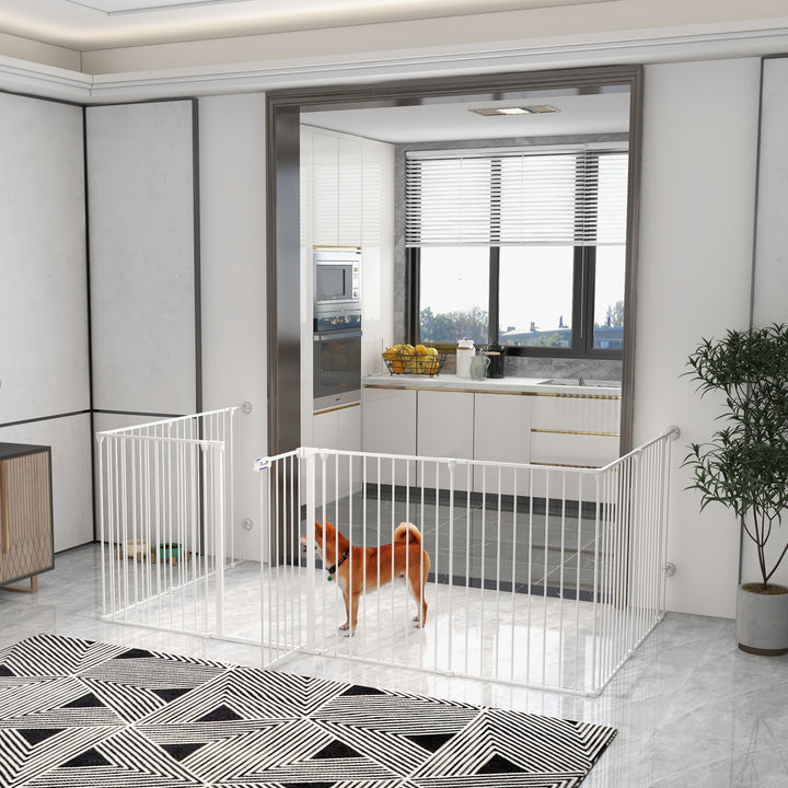 2-In-1 Multifunctional Dog Pen and Safety Pet Gate, 8 Panel Dog Playpen with Double-locking Door, Foldable Dog Barrier for Medium Dogs, 90cm High, White