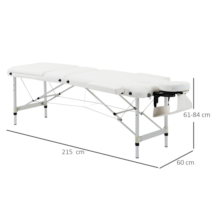 Folding PVC Leather Massage Table Aluminium Frame w/ Headrest Armrests Padding Handle Carry Bag Adjustable Height 3-Way Tri-Fold White