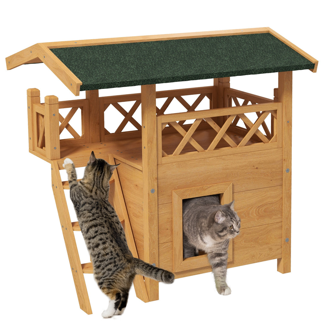 Cat House Outdoor w/ Balcony Stairs Roof, 77 x 50 x 73 cm, Natural