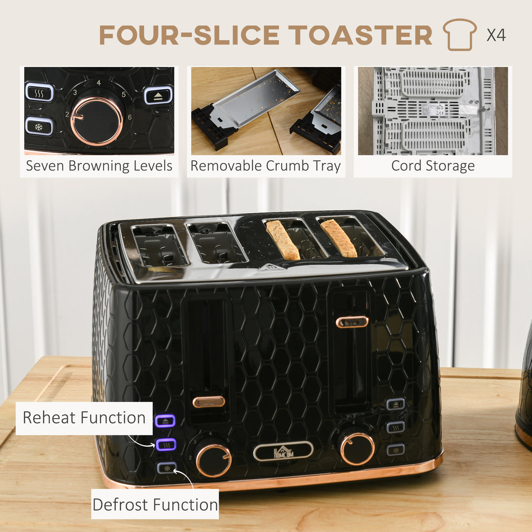 Fast Boil Kettle & 4 Slice Toaster Set, Kettle and Toaster with 7 Browning Controls, Crumb Tray, 1.7L 3000W Black