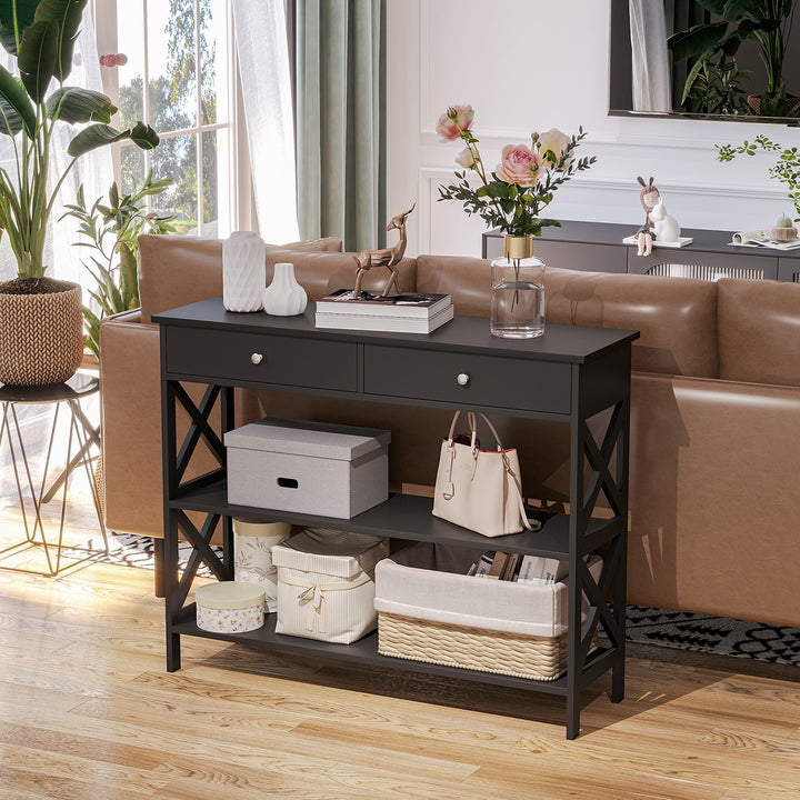 Console Table Side Desk w/ Shelves Drawers Open Top X Support Frame Living Room Hallway Home Office Furniture Black