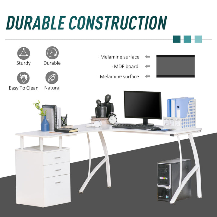 L-Shaped Computer Desk Table with Storage Drawer Home Office Corner Industrial Style Workstation, White