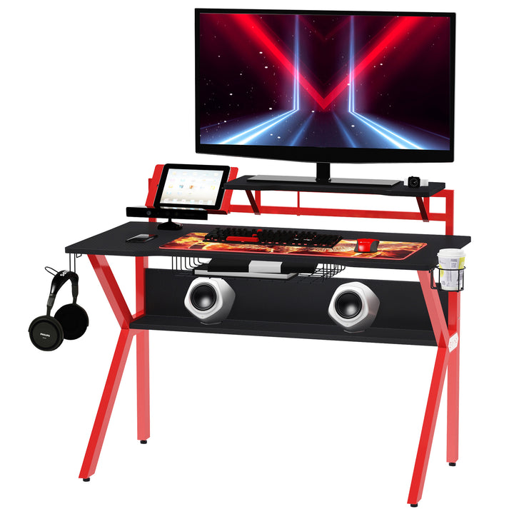 Gaming Desk Computer Table Stable Metal Frame Adjustable Feet w/ Cup Holder Headphone Hook, Cable Basket - Red