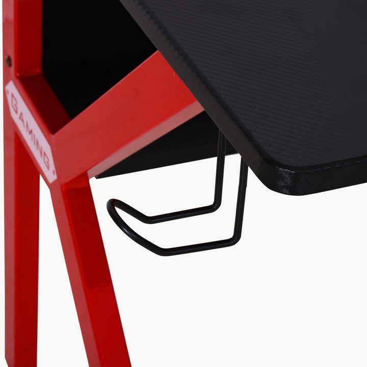 Gaming Desk Computer Table Stable Metal Frame Adjustable Feet w/ Cup Holder Headphone Hook, Cable Basket - Red