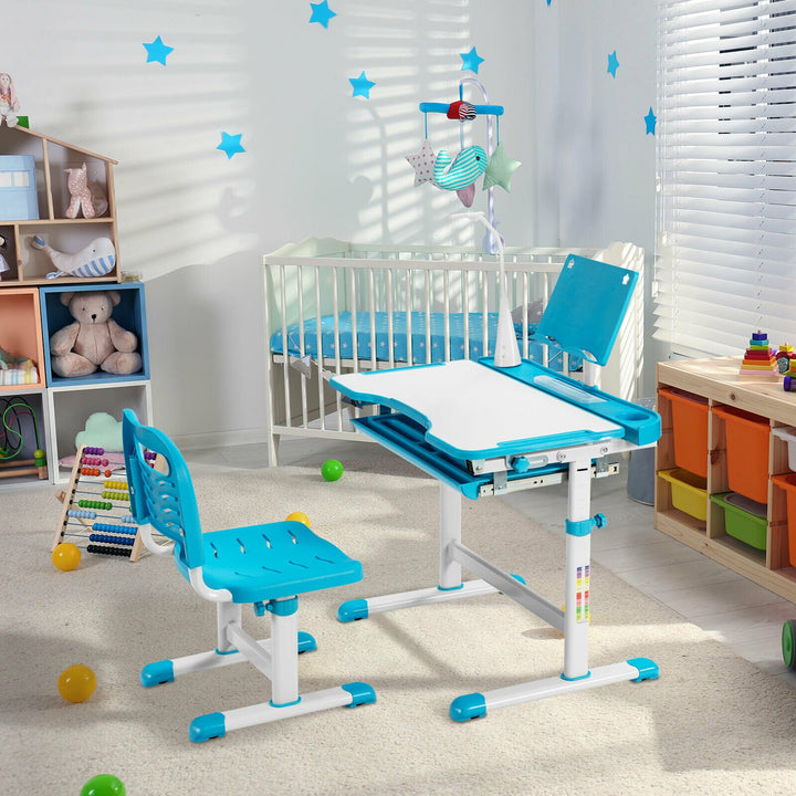 Height Adjustable Kid's Tilted Desk Set with Lamp & Drawer-Blue