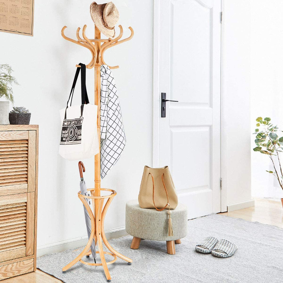 Floor Standing Hat Coat Wood Hanger w/ Umbrella Rack Prestige-Oak