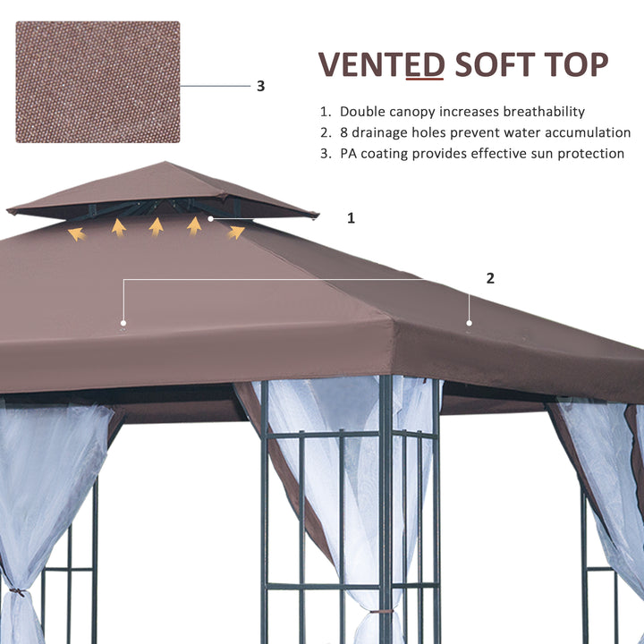 Outsunny 3 x 3(m) Patio Gazebo Canopy Garden Pavilion Tent Shelter with 2 Tier Roof and Mosquito Netting, Steel Frame, Coffee