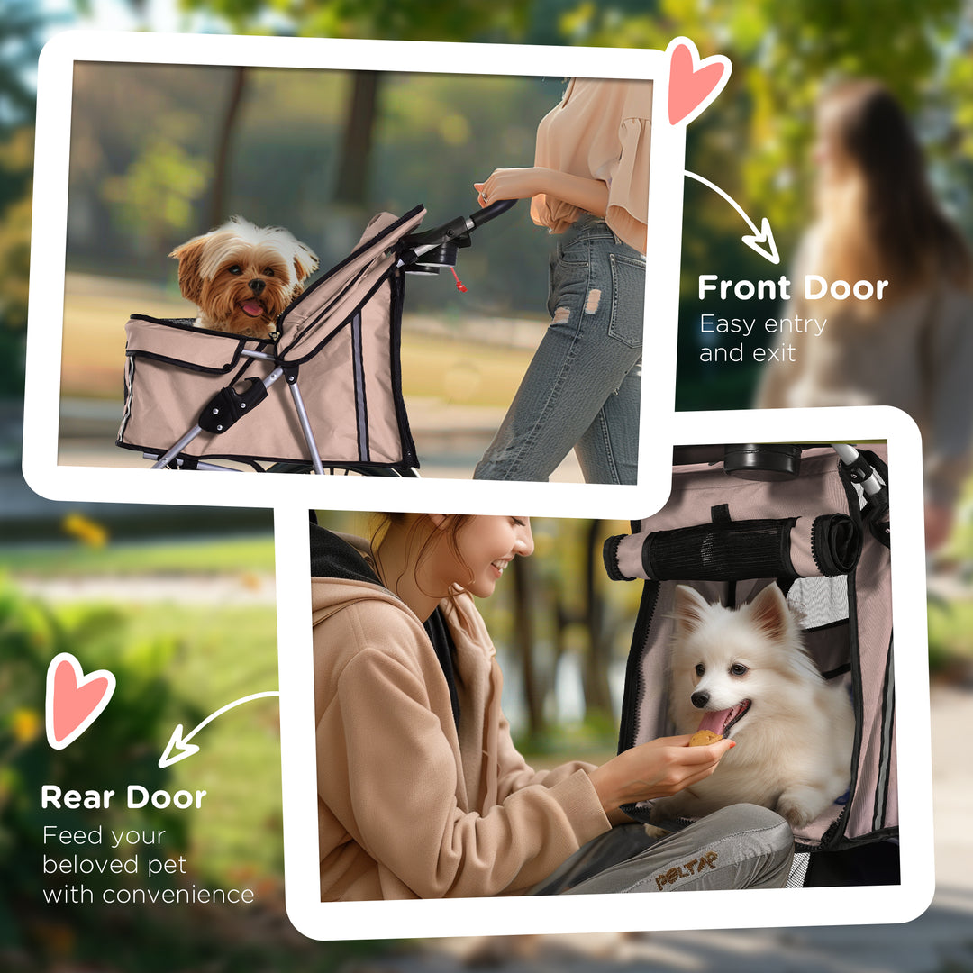 PawHut Dog Pram Pet Stroller Foldable Dog Pushchair with Wheels Zipper Entry Cup Holder Storage Basket Brown