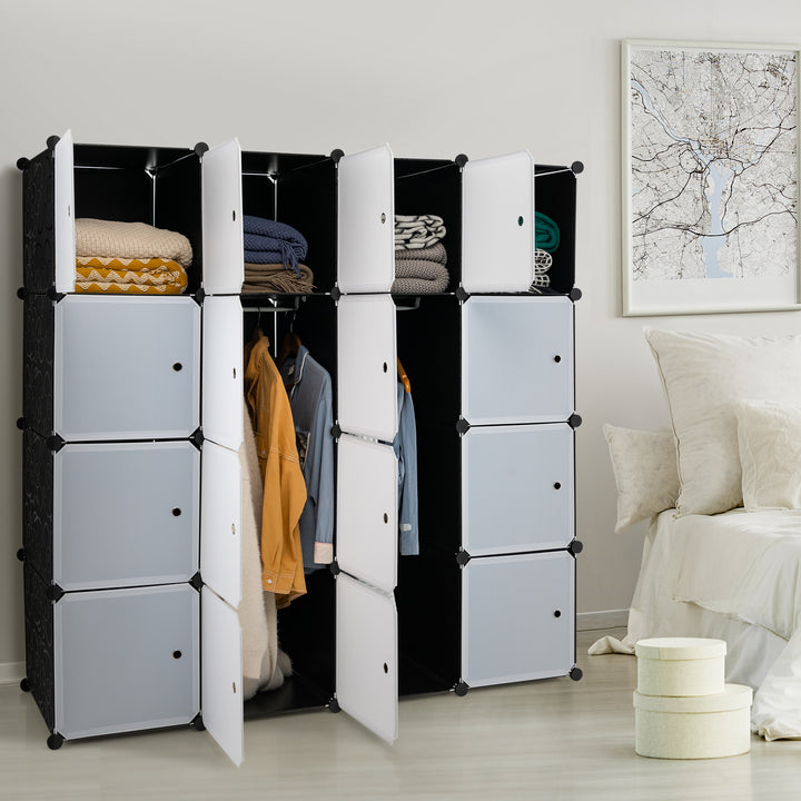 Cabinet Storage Organizer with 2 Clothes Hanging Rails -Black &amp; White