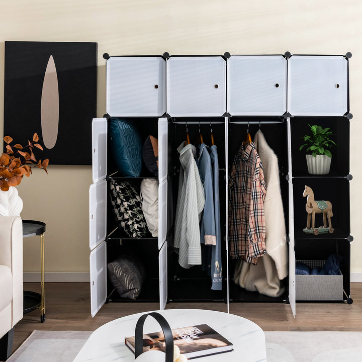 Cabinet Storage Organizer with 2 Clothes Hanging Rails -Black &amp; White