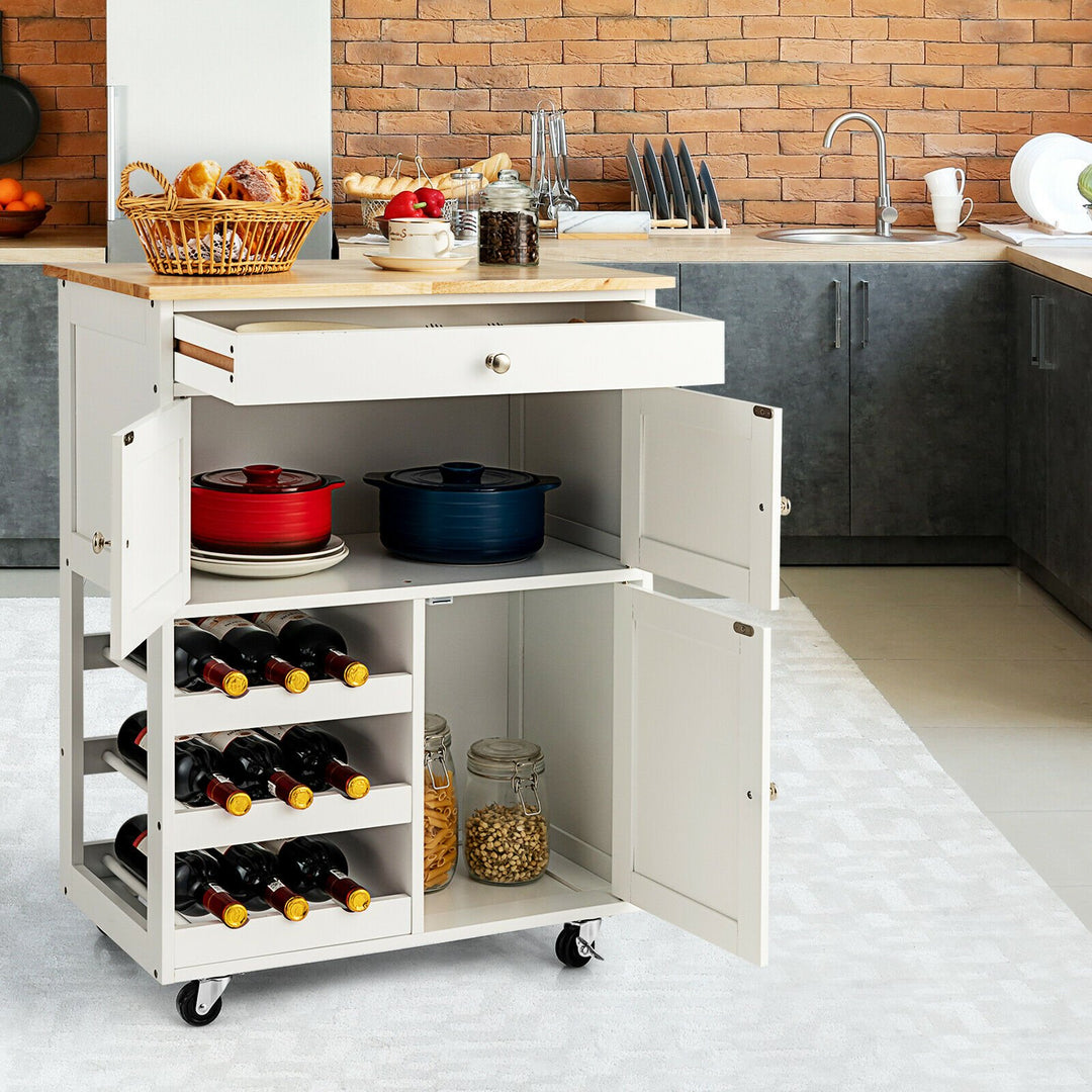 Rolling Kitchen Cart with 3 Tier Wine Racks and Cupboards-White