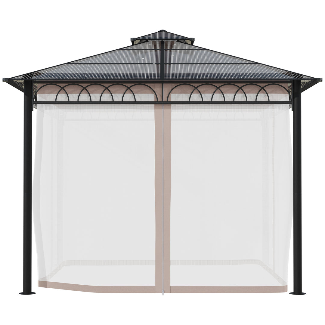 3 x 3 (m) Outdoor Polycarbonate Gazebo, Double Roof Hard Top Gazebo with Galvanized Steel Frame, Nettings & Curtains