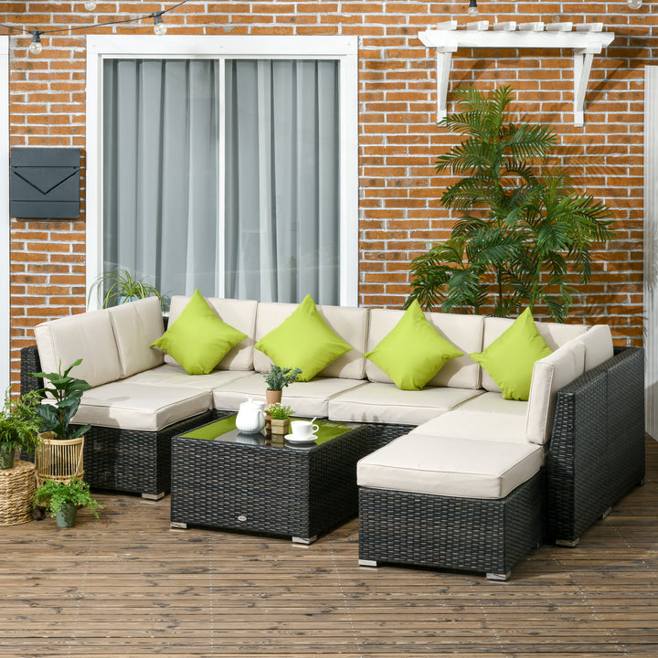 Outsunny 7-Seater PE Rattan Sofa Set Garden Wicker Furniture Set w/ Corner Sofa Set, Cushion, Cushion Cover and Tempered Glass Table, Brown