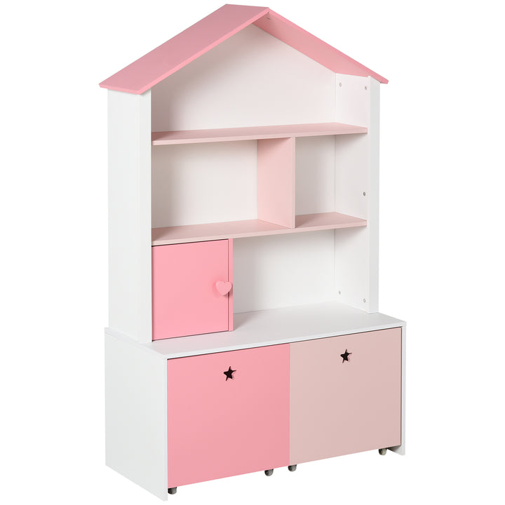 Kids Bookshelf Chest w/ Drawer with Wheels Baby Toy Wood Organizer Display Stand Storage Cabinet 80x34x130cm Pink