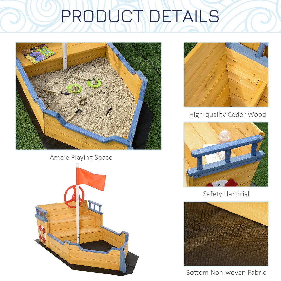 Kids Wooden Sandpit Children Sandbox Pirate Ship Sandboat Outdoor Backyard Playset Play Station w/ Bench Bottom Liner