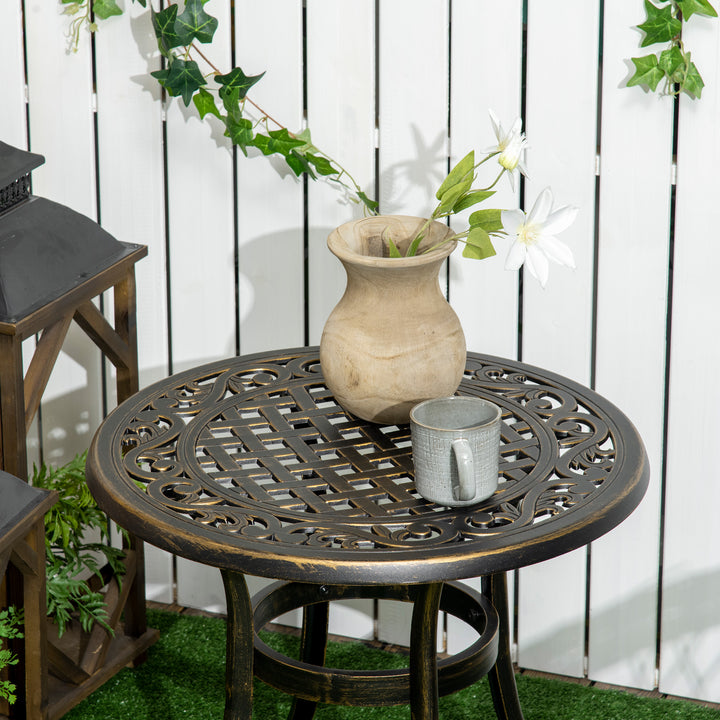 Industrial Garden Side Table, Round Hollow Top Design Patio End Table with Cast Aluminum Frame, Bronze