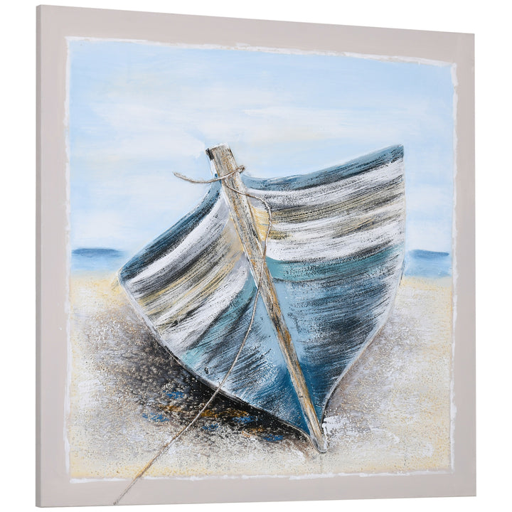 Hand-Painted Canvas Wall Art Blue Boat in the Beach, Wall Pictures for Living Room Bedroom Decor, 90 x 90 cm