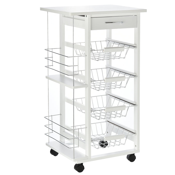 Multi-Use Kitchen Island Trolley w/ 4 Baskets 2 Side Racks Drawer Worktop 4 Wheels Worktop Food Storage Smooth Rolling Compact Furniture White