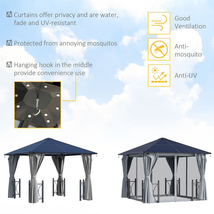 3 x 3(m) Hardtop Gazebo Canopy with Polycarbonate Roof, Steel & Aluminium Frame, Garden Pavilion with Mosquito Netting and Curtains, Black