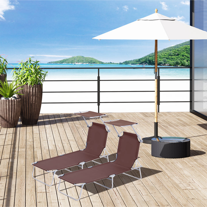2 Pieces Outdoor Foldable Sun Lounger Set with Removeable Shade Canopy, Patio Recliner Sun Lounger with Adjustable Backrest with Mesh Fabric, Brown