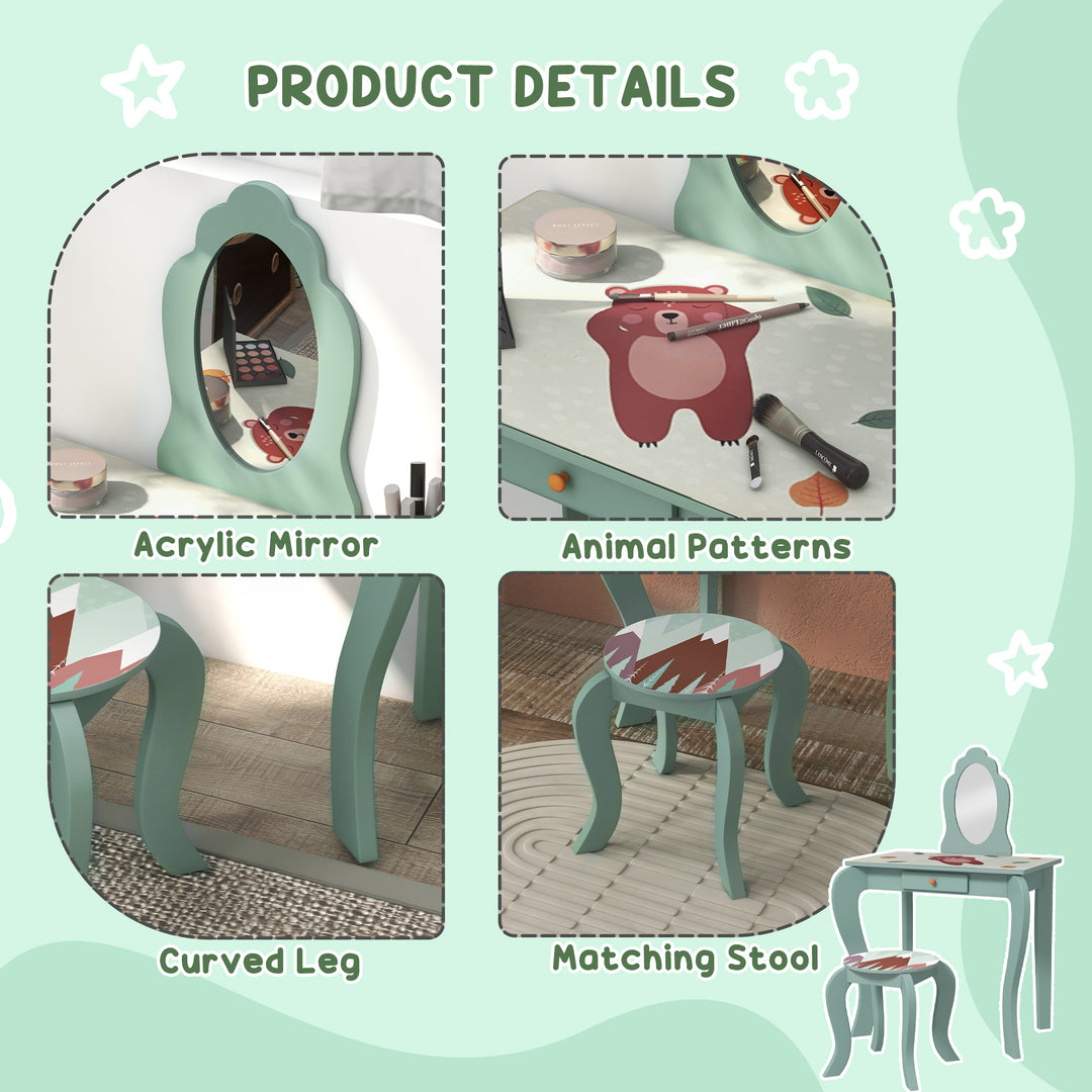 Kids Dressing Table with Mirror and Stool, Girls Vanity Table Makeup Desk with Drawer for 3-6 Years - Green