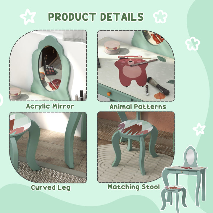 Kids Dressing Table with Mirror and Stool, Girls Vanity Table Makeup Desk with Drawer for 3-6 Years - Green