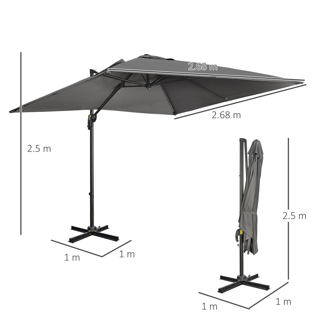 2.7 x 2.7 m Cantilever Parasol, Square Overhanging Umbrella with Cross Base, Crank Handle, Tilt, 360° Rotation and Aluminium Frame, Dark Grey