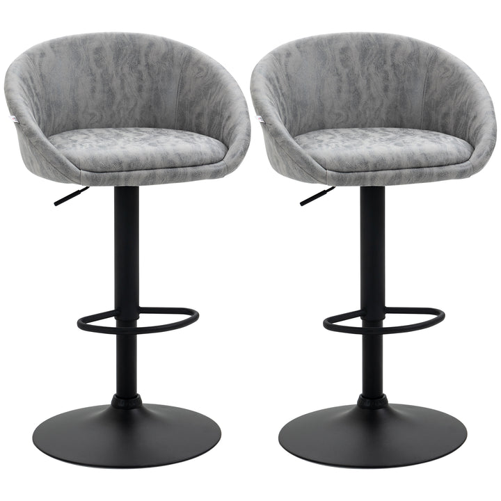 Modern Adjustable Bar Stools Set of 2, Swivel PU Leather Breakfast Barstools with Footrest Armrests Back, for Kitchen Counter Light Grey