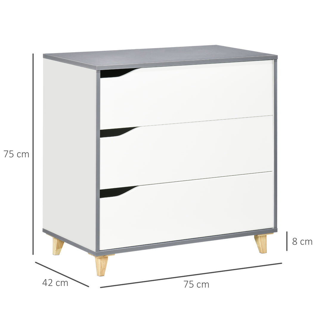 Drawer Chest, 3-Drawer Storage Cabinet Unit with Pine Wood Legs for Bedroom, Living Room, 75cmx42cmx75cm, White