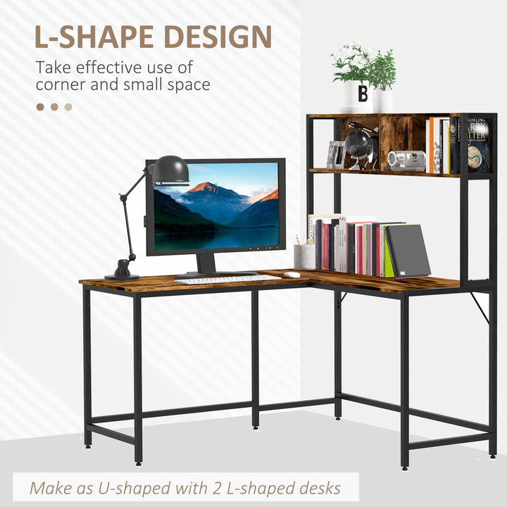 Industrial L-Shaped Work Desk & Storage Shelf Steel Frame Adjustable Feet Corner Workstation Home Office Study Stylish Brown Black