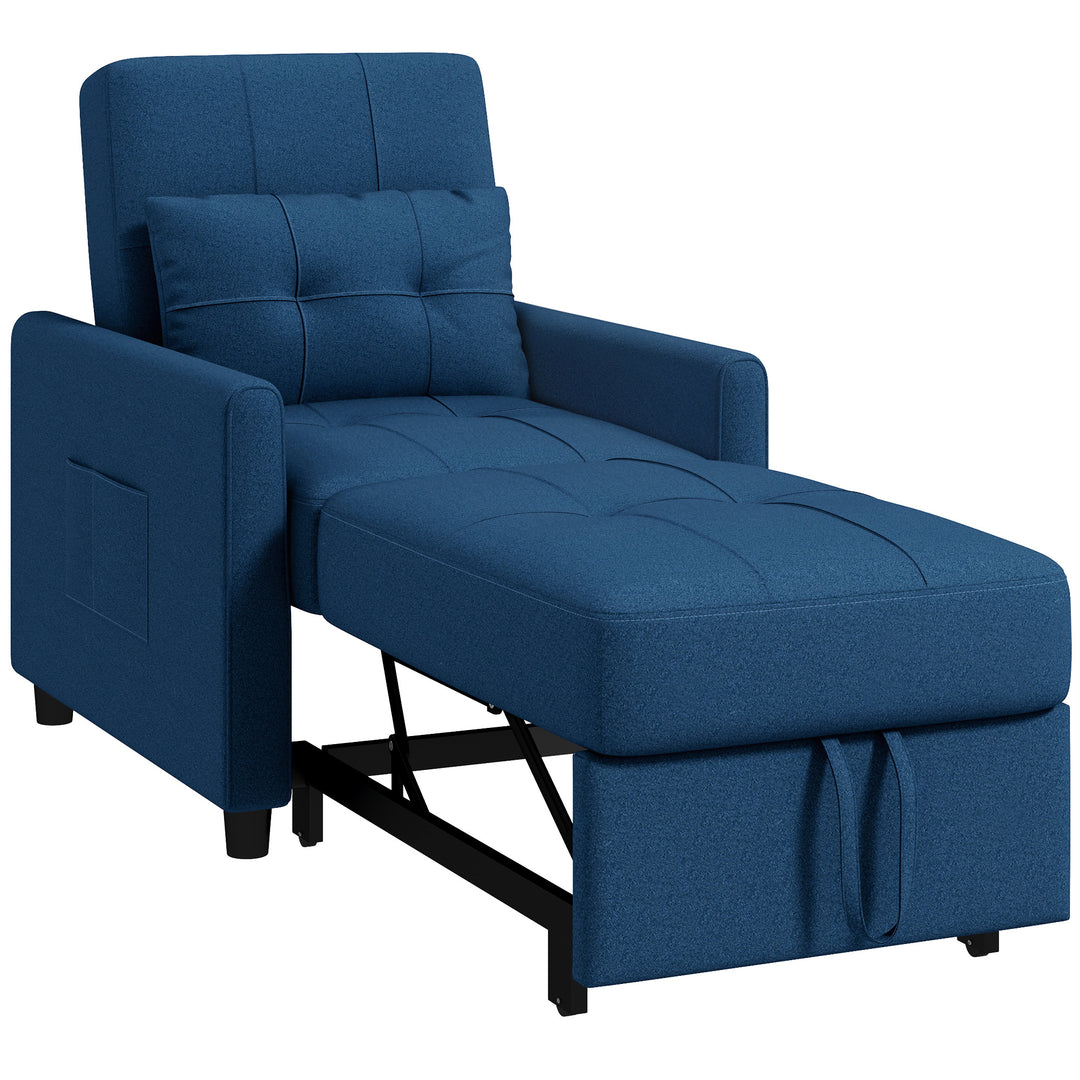 3-In-1 Convertible Chair Bed, Pull Out Sleeper Chair, Fold Out Bed with Adjustable Backrest, Side Pockets, Blue