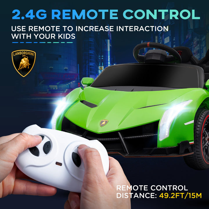Lamborghini Veneno Licensed 12V Kids Electric Ride on Car with Butterfly Doors, Portable Battery, Powered Electric Car with Bluetooth, Remote, Music, Horn, Suspension, for 3-6 Years - Green