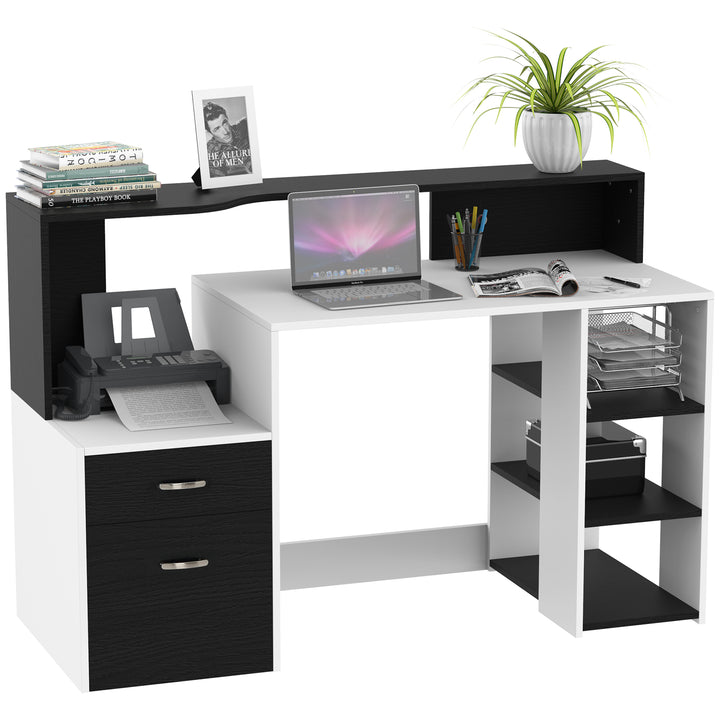 Computer Desk PC Table Modern Home Office Writing Workstation Furniture Printer Shelf Rack w/ Storage Drawer & Shelves (Black and white)