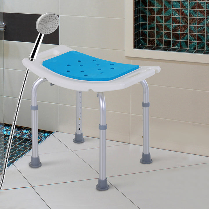 6-Level Height Adjustable Aluminium Bath Room Stool Chair Shower Non-Slip Design w/ Padded Seat Drainiage Holes Foot Pad - Blue