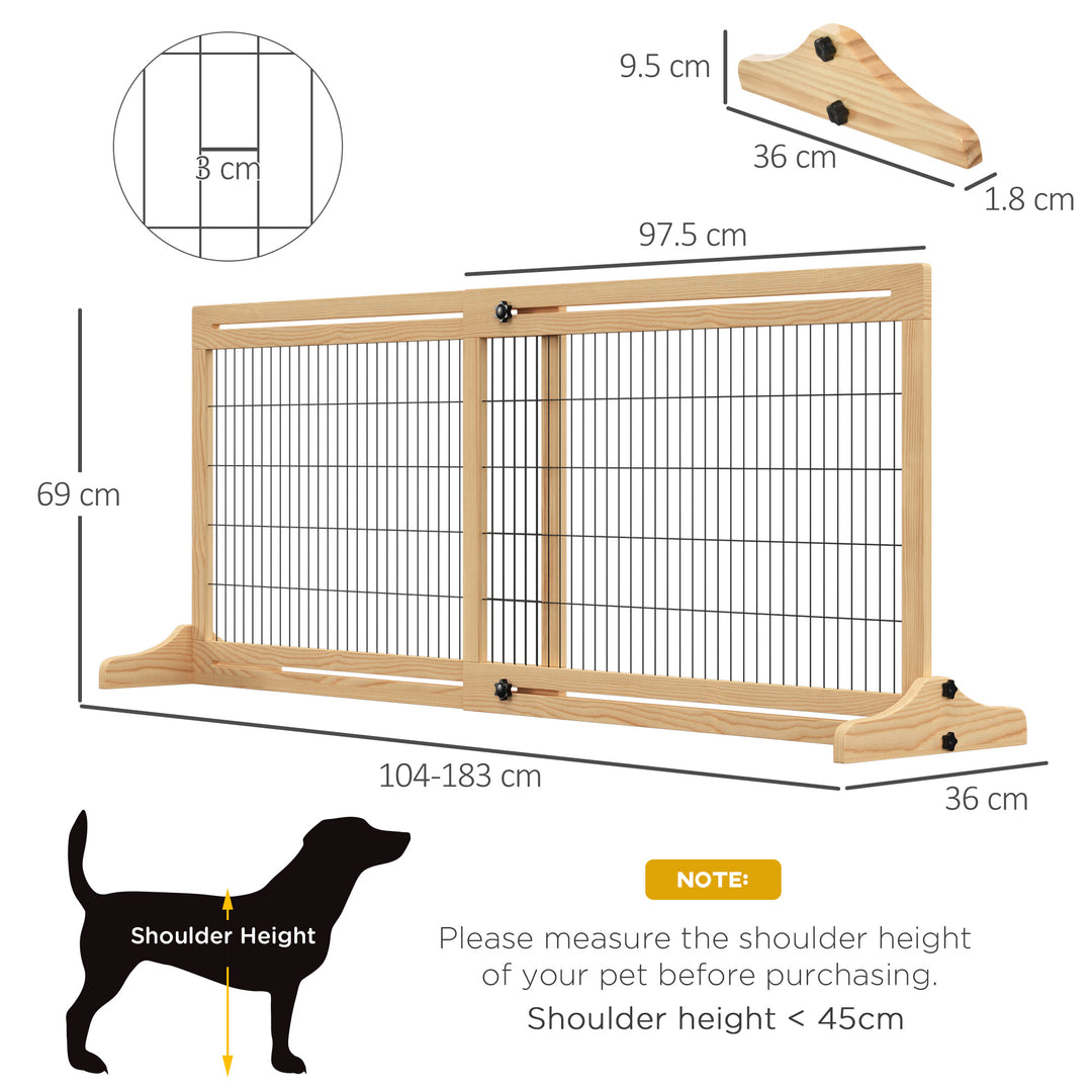 Adjustable Wooden Pet Gate, Freestanding Dog Barrier Fence with 2 Panels for Doorway, Hallway, 69H x 104-183 cm, Natural