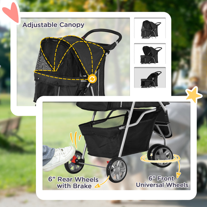 PawHut Pet Travel Stroller Cat Dog Pushchair Trolley Puppy Jogger Carrier Three Wheels for Small Miniature Dogs(Black)