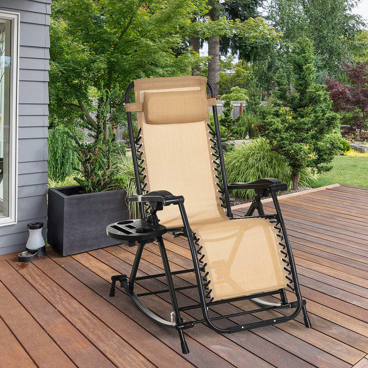 Outdoor Rocking Chair Folding Recliner Adjustable Sun Lounger with Headrest Side Holder Patio Deck - Beige