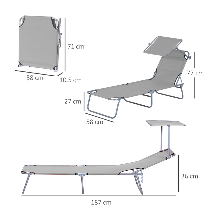 Reclining Chair Folding Lounger Seat with Sun Shade Awning Beach Garden Outdoor Patio Recliner Adjustable, Light Grey