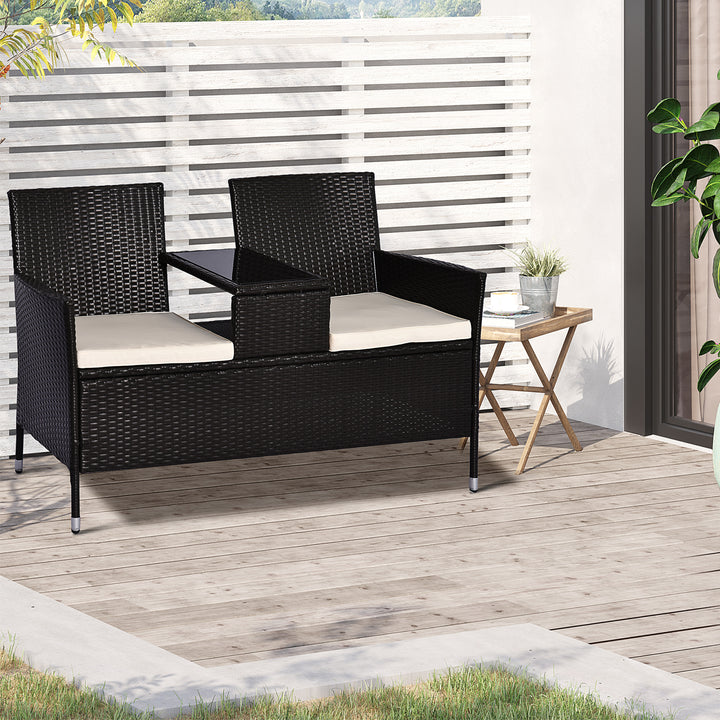 Dining Chairs Wicker Loveseat Outdoor Patio Armchair with Drink Table Garden Furniture - Dark Brown