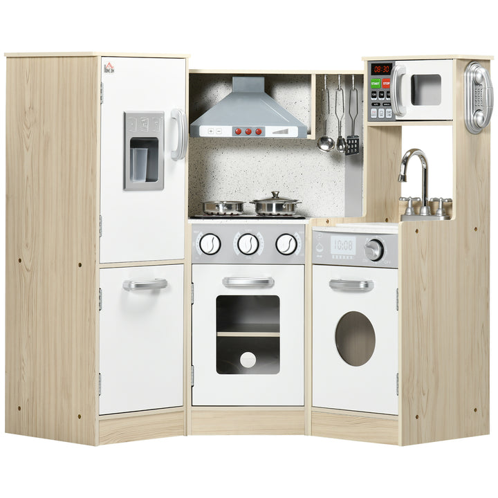 HOMCOM Toy Kitchen for Kids with Role Play Accessories, Wooden Corner Pretend Kitchen with Sound and Light, Phone, Microwave, Refrigerator, Ice Maker