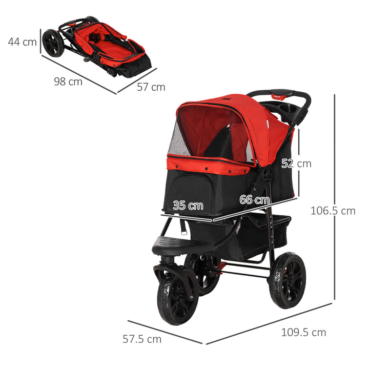 Oxford Cloth Folding 3-Wheel Pet Stroller Dog Trolley Red/Black