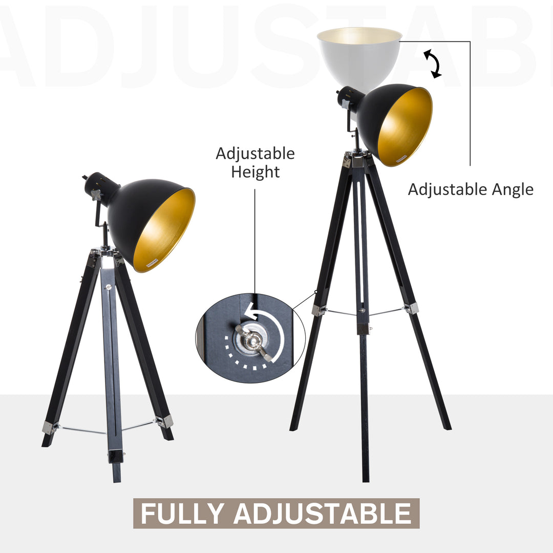 Industrial Floor Lamp for Living Room Tripod Spotlight Reading Lamp w/Wood Legs Metal Shade Adjustable Height Angle Black and Gold