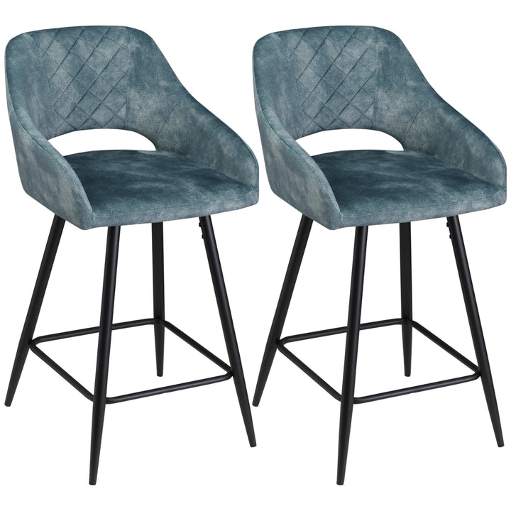Bar Stools Set of 2, Velvet-Touch Fabric Counter Height Bar Chairs, Kitchen Stools with Steel Legs for Dining Area Blue