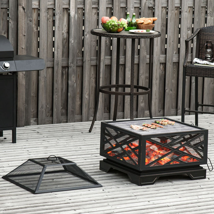Outsunny 66cm 2 in 1 Square Fire Pit Metal Brazier for Garden, Patio with BBQ Grill Shelf &amp; Spark Screen Cover &amp; Poker, Black