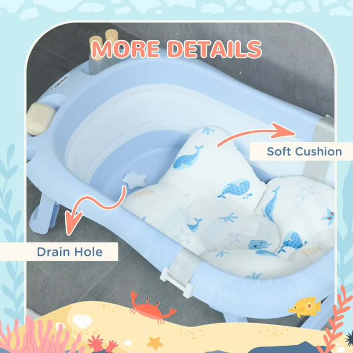 Foldable Baby Bath Tub, Bath Tub with Non-Slip Support, Cushion Pad, Drain Plugs, Shower Head Holder, for Newborn to 6 Years - Blue