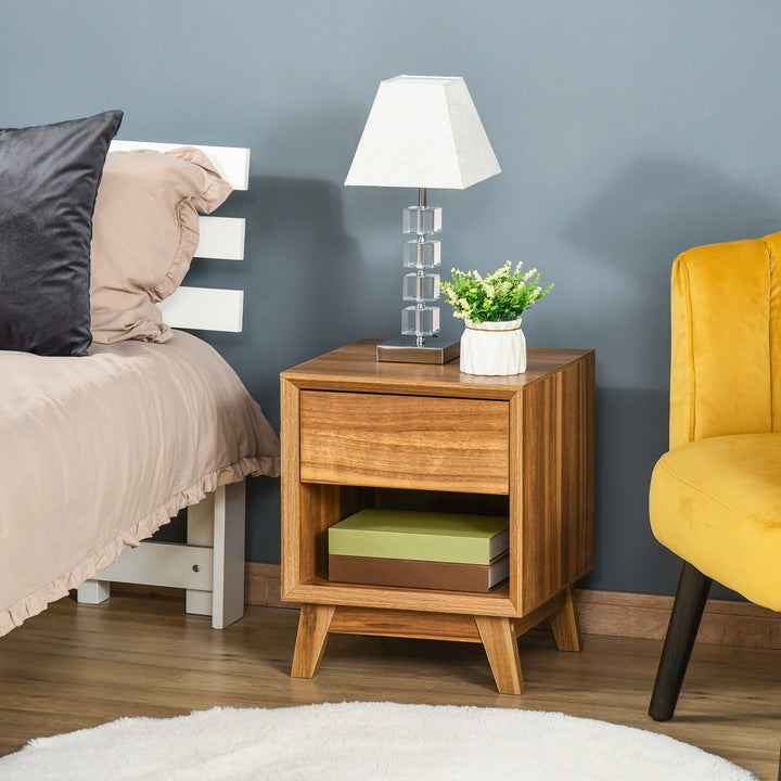 Modern Bedside Table Nightstand, Living Room End Table, Side Table with Drawer and Shelf, Walnut Brown