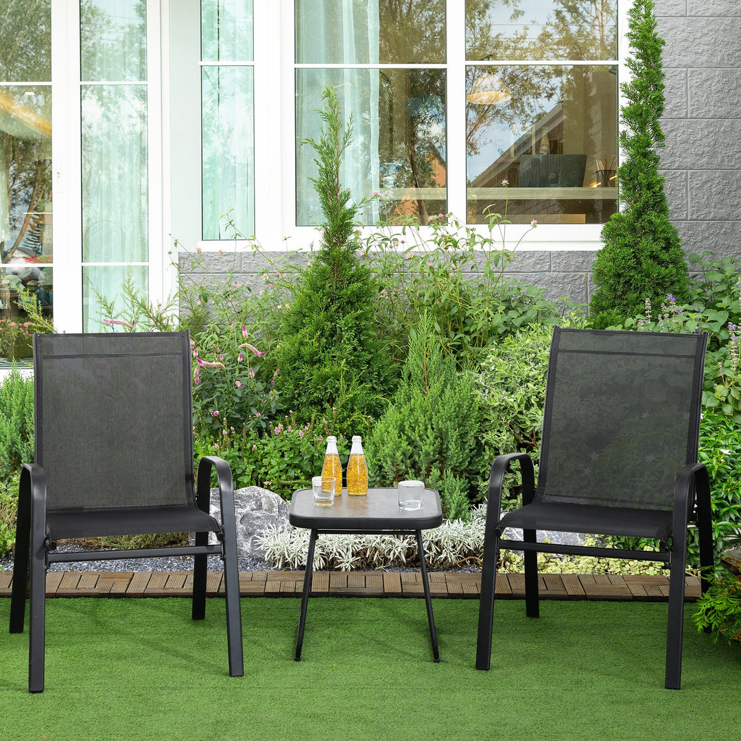 3 Pieces Outdoot Bistro Set, Patio Stackable Armchairs with Breathable Mesh Fabric and PSC Board Coffee Table, Black